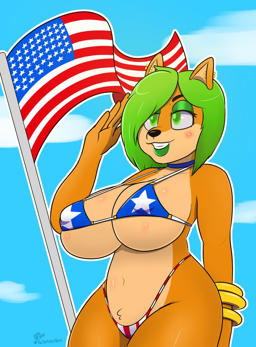 5_fingers american_flag american_flag_bikini anthro big_breasts bikini black_nose breasts clothed clothing cloud ear_piercing eyebrows eyelashes eyeshadow female fingers flag flag_(object) flag_bikini flag_clothing flag_print flag_swimwear flagpole gesture green_eyes green_eyeshadow green_hair green_lips hair huge_breasts lips makeup nipple_outline orange_body piercing print_bikini print_clothing print_swimwear salute solo swimwear thick_bottom_lip two-piece_swimsuit united_states_of_america berkthejerk activision crash_bandicoot_(series) crash_team_racing_(series) crash_team_racing_nitro-fueled ami_bandicoot bandicoot mammal marsupial hi_res