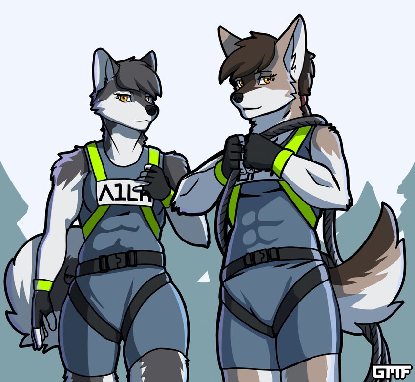 anthro athletic athletic_anthro athletic_female duo female harness orange_eyes gasmaskfox maki_(gasmaskfox) sonya_(gasmaskfox) alaskan_malamute canid canine canis domestic_dog greenland_dog mammal nordic_sled_dog spitz hi_res