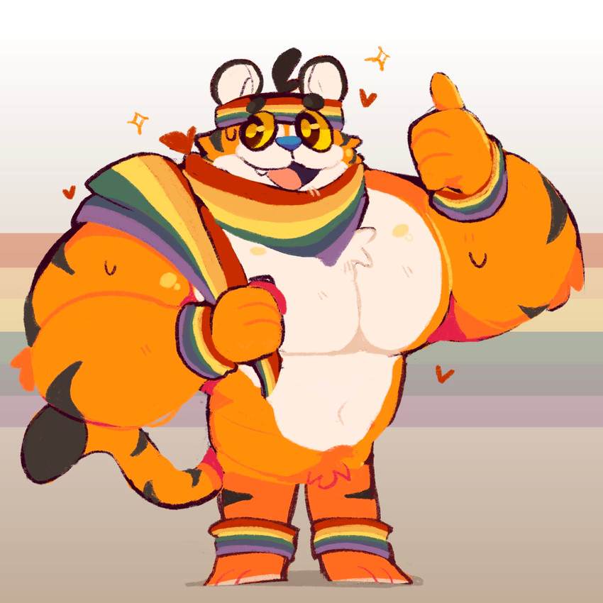 accessory ankleband anthro big_eyes black_body black_fur black_stripes blue_nose clothing countershading flag flag_(object) fur gesture hand_gesture headband heart_symbol hearts_around_body hearts_around_upper_body kerchief lgbt_pride male mascot multicolored_body multicolored_clothing multicolored_fur muscular muscular_anthro muscular_male neckerchief neckwear open_mouth open_smile orange_body orange_fur pride_color_clothing pride_color_flag pride_colors rainbow_clothing rainbow_colors rainbow_flag rainbow_pride_colors rainbow_pride_flag rainbow_symbol simple_background six-stripe_rainbow_pride_colors smile solo standing star striped_body striped_fur stripes super_gay thumbs_up towel towel_on_shoulder white_body white_fur wristband scraffyraccoon frosted_flakes kellogg's tony_the_tiger felid mammal pantherine tiger 1:1 2020 hi_res warm_colors