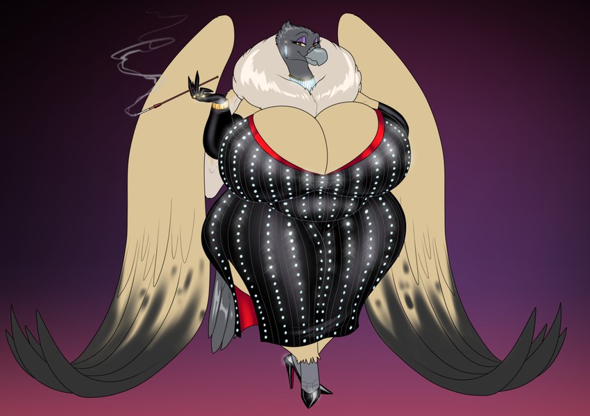 abstract_background anthro armwear beak bedroom_eyes big_breasts bracelet breasts brown_body brown_eyes brown_feathers cigarette_holder cleavage clothed clothing curvy_figure dipstick_feathers dipstick_wings ear_piercing ear_ring elbow_gloves eyelashes eyeshadow feathers female footwear gloves handwear high_heels huge_breasts hyper hyper_breasts jewelry looking_at_viewer makeup mature_anthro mature_female narrowed_eyes neck_tuft necklace piercing pumps purple_eyeshadow ring ring_piercing seductive shoes slightly_chubby smile solo tan_body tan_feathers thick_thighs tuft voluptuous wide_hips wings yellow_sclera crovirus lulu_(grind3r) accipitrid accipitriform avian bird old_world_vulture vulture absurd_res hi_res