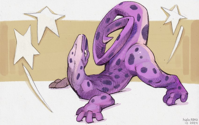 ambiguous_gender arched_back ass_up looking_at_viewer markings purple_body raised_tail simple_background spots spotted_body star tail halo-pano amphibian lizard newt reptile salamander scalie digital_media_(artwork) hi_res mixed_media traditional_media_(artwork)