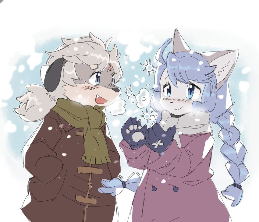 anthro blue_eyes blue_hair clothing duo fur grey_body grey_fur hair jacket scarf snow topwear white_body white_fur white_hair winter anaquariusart cyberconnect2 fuga:_melodies_of_steel little_tail_bronx britz_strudel sheena_falafel canid canine caninu canis domestic_cat domestic_dog felid feline felineko felis mammal