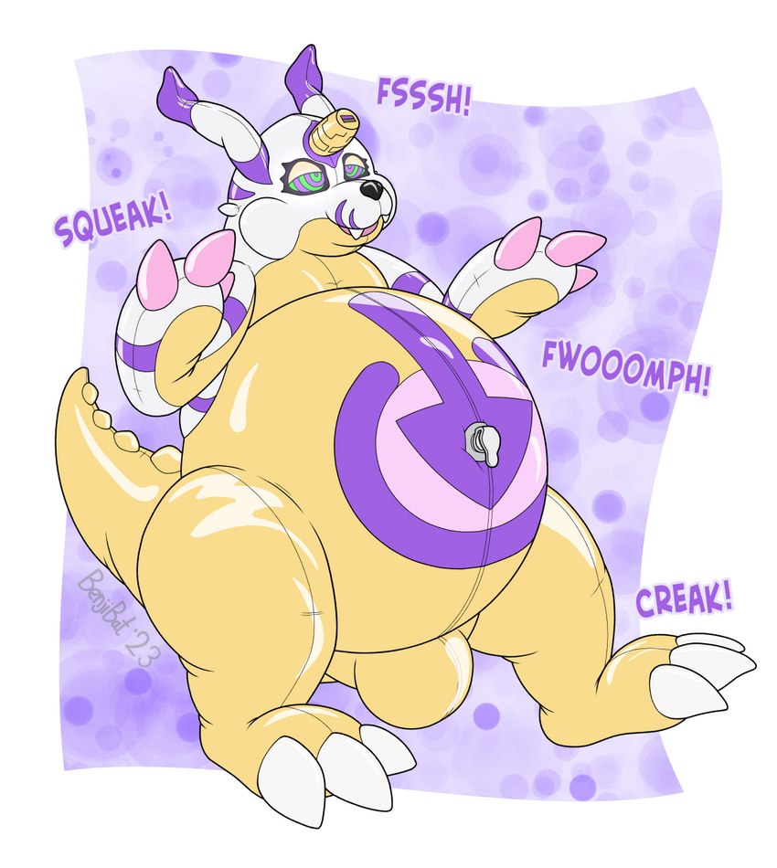 after_transformation alternate_color anthro belly belly_markings big_belly biped bottomless broken_horn bulge claws clothed clothing cross-eyed electronics fangs feet half-closed_eyes highlights_(coloring) horn hypnosis inflatable inflation long_ears male markings mind_control narrowed_eyes nozzle null_bulge open_mouth purple_highlights ringed_eyes slightly_chubby solo sound_effects teeth toe_claws usb vinyl yellow_body benjibat conditional_dnp bandai_namco digimon hypnovember backdoorgabumon_(benjibat) fan_character animate_inanimate digimon_(species) gabumon living_inflatable hi_res