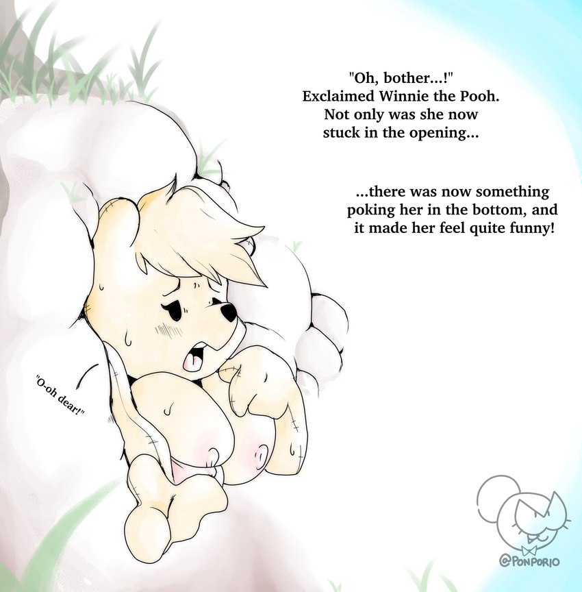 anthro big_breasts bodily_fluids breasts crossgender female forced hair huge_breasts invisible_sex mtf_crossgender nipples open_mouth plushie solo stuck sweat text through_wall ponporio_(artist) disney winnie_the_pooh_(franchise) pooh_bear animate_inanimate bear living_plushie mammal 2021 absurd_res english_text hi_res