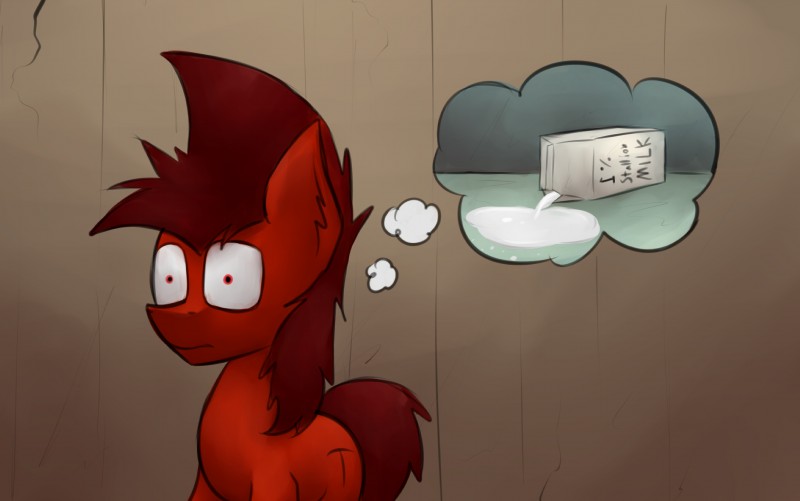 big_eyes cutie_mark feral fur hair male milk red_body red_fur solo text thought_bubble marsminer hasbro my_little_pony fan_character mars_miner earth_pony equid equine horse mammal pony 2015 digital_media_(artwork) english_text hi_res