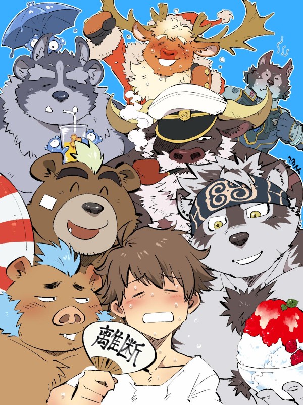 anthro antlers apple beard blue_hair blush brown_body brown_fur countershading drinking facial_hair food fruit fur green_hair group hair hand_fan horn male mohawk multicolored_body multicolored_fur mustache plant two_tone_body two_tone_fur uchiwa_fan shirako lifewonders tokyo_afterschool_summoners ahab_(tas) ashigara_(tas) breke_(tas) ganglie_(tas) horkeu_kamui_(tas) protagonist_(tas) tsathoggua_(tas) twink_protagonist_(tas) yule_(tas) bear bovid bovine canid canine canis deer human mammal new_world_deer reindeer suid suine sus_(pig) true_buffalo water_buffalo wild_boar wolf 2019 3:4 hi_res