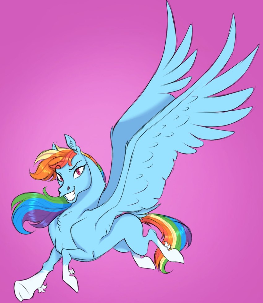 big_wings blue_body blue_fur chest_tuft eyebrows female feral fur grinning_at_viewer hair hooves leg_markings mane markings multicolored_hair multicolored_mane multicolored_tail pink_background pink_eyes quadruped rainbow_hair rainbow_mane rainbow_tail raised_eyebrow simple_background smile smiling_at_viewer socks_(marking) solo spread_wings tail tuft underhoof white_hooves wings witherslayer73 friendship_is_magic hasbro my_little_pony mythology rainbow_dash_(mlp) equid equine mammal mythological_creature mythological_equine pegasus 2022 digital_drawing_(artwork) digital_media_(artwork) full-length_portrait hi_res portrait