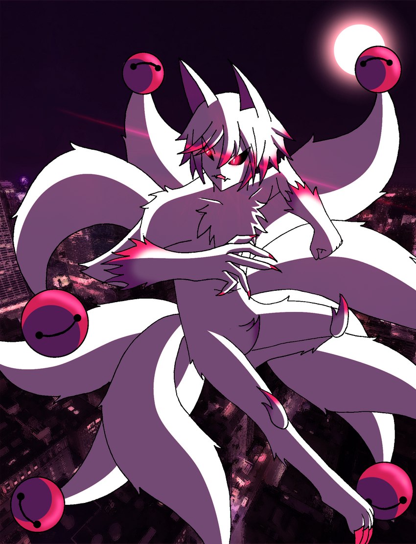 anthro arm_tuft bell black_sclera chest_tuft city claws crotch_tuft fangs featureless_crotch fur hair jingle_bell jumping knee_tuft leg_tuft lenses male moon multi_tail night open_mouth pink_body pink_claws pink_eyes pink_fur pink_hair pupils short_hair solo tail teeth tuft white_body white_fur white_hair white_pupils nikku_lunatique asian_mythology east_asian_mythology mythology nikku_lunatique_(character) canid canine canis fox fox_spirit mammal hi_res