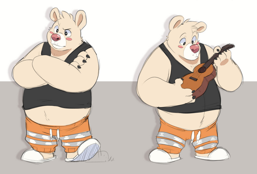 acoustic_guitar anthro belly blush bottomwear clothing guitar humanoid_hands male musical_instrument overweight overweight_anthro overweight_male pants plucked_string_instrument shirt simple_background solo string_instrument topwear komoroshi_(artist) breeze_in_the_clouds pile_(breeze_in_the_clouds) american_black_bear bear black_bear kermode_bear mammal ursine 2018