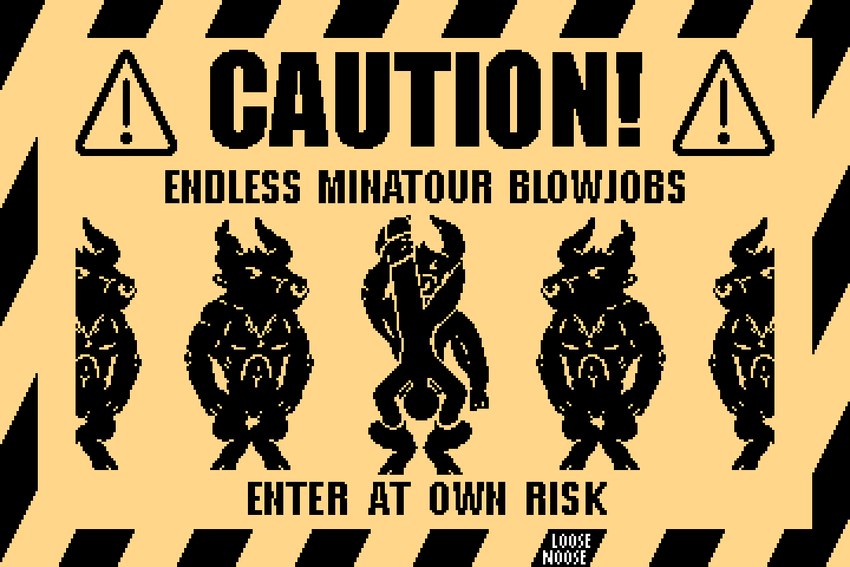 anthro dominant group hazard_pictogram held_by_legs hooves horn male male/male muscular muscular_male pictogram poster_design sex simple_background size_difference text upside_down upside_down_fellatio warning_symbol loose_noose european_mythology greek_mythology monster_fucker_sign mythology bovid bovine human humanoid mammal minotaur 3:2 digital_media_(artwork) english_text pixel_(artwork)