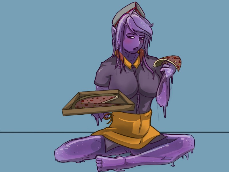 blush breasts clothed clothing dripping female food genitals no_underwear not_furry pizza purple_slime pussy simple_background solo uniform arrwulf goo_creature humanoid 2017