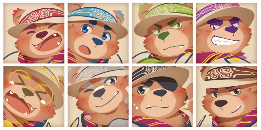 anthro blue_eyes blush brown_body brown_fur clothing eye_patch eyes_closed eyewear fur glasses green_eyes group hat headgear headwear kemono male hinami lifewonders tokyo_afterschool_summoners aether_ciramantep fire_ciramantep infernal_ciramantep nether_ciramantep valiant_ciramantep water_ciramantep wood_ciramantep world_ciramantep bear mammal 2020 2:1 bust_portrait digital_media_(artwork) portrait