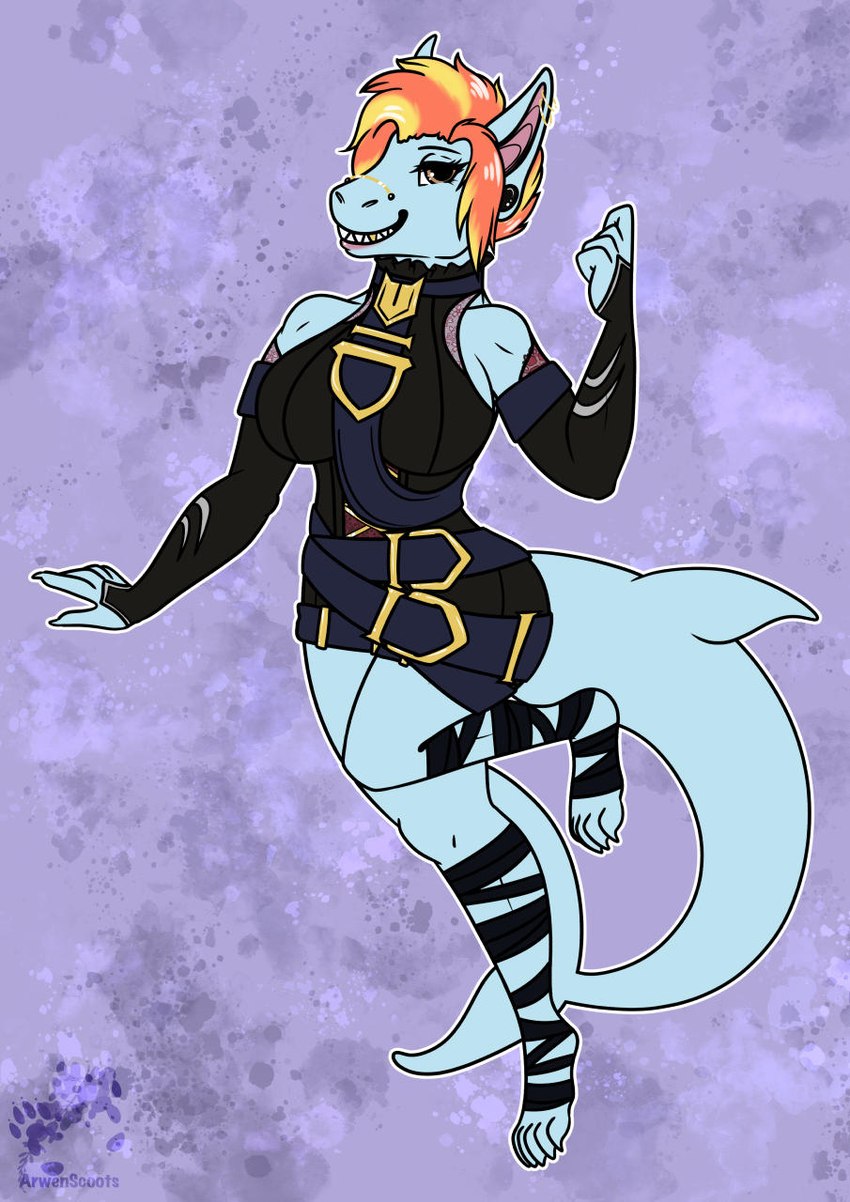 anthro belt breasts buckle clothing cosplay costume dress ear_piercing female gloves handwear lace leg_wrap non-mammal_breasts non-mammal_ears non-mammal_hair piercing solo straps arwenscoots conditional_dnp league_of_legends riot_games tencent fish marine shark hi_res