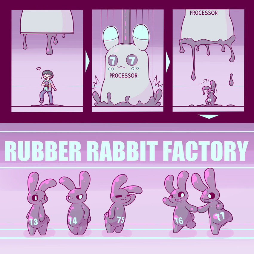 ambiguous_gender anthro goo_transformation group human_to_anthro latex male number_on_body shrinking size_transformation smile species_transformation standing surprise transformation pink_ball_smoke human lagomorph latex_creature leporid living_latex mammal rabbit 1:1 2020 hi_res