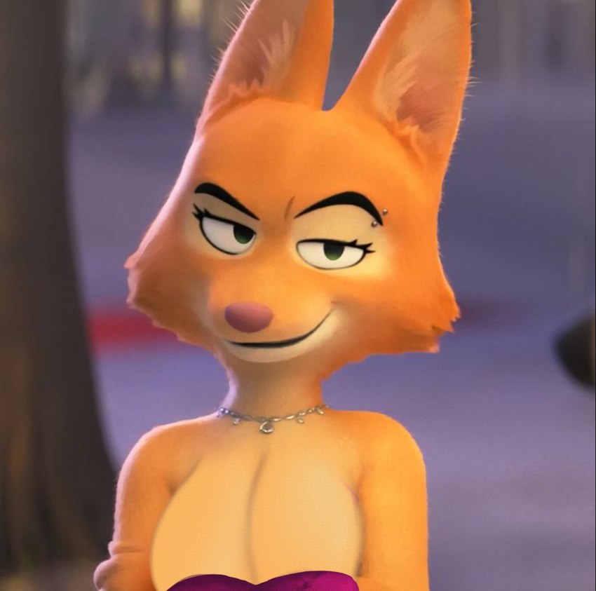 anthro big_breasts breast_edit breasts cleavage clothed clothing eyebrow_piercing facial_piercing female fur looking_at_viewer orange_body orange_fur piercing smile solo abunbot third-party_edit dreamworks the_bad_guys diane_foxington canid canine fox mammal digital_media_(artwork) screencap_edit