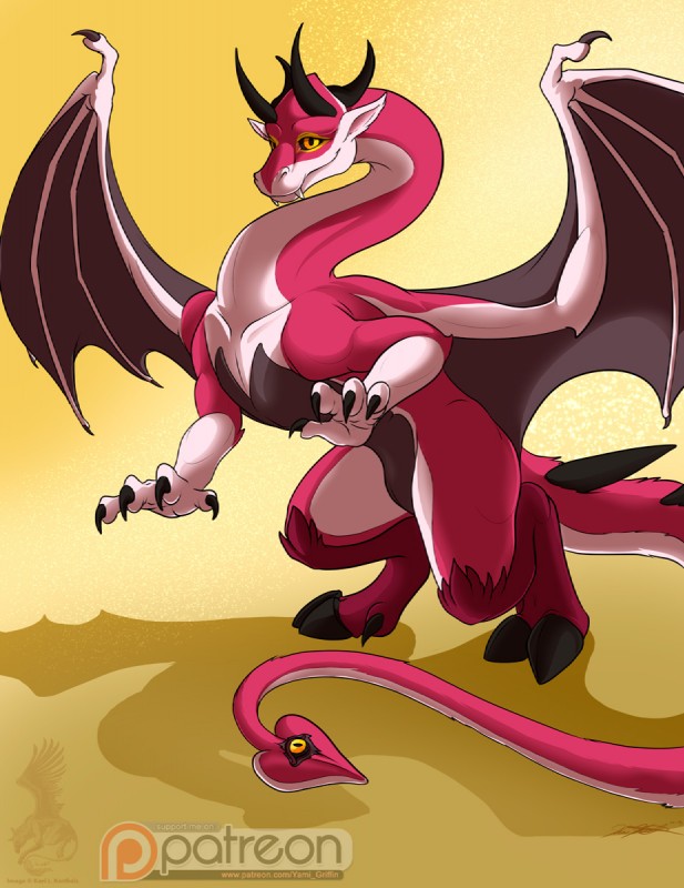 4_fingers claws female feral fingers fur genitals gradient_background horn membrane_(anatomy) membranous_wings pink_body pink_fur pink_skin pussy red_body red_fur simple_background smile solo standing tail teeth wings yellow_background yellow_eyes yami_griffin mythology kyera demon dragon hybrid mammal mythological_creature mythological_scalie scalie 2018 digital_media_(artwork) hi_res