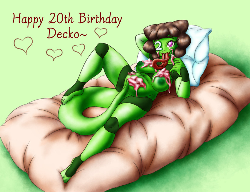 anthro bed big_breasts birthday birthday_cake breasts cake dessert eye_patch eyelashes eyewear female food food_on_body food_on_breasts food_on_face furniture long_tail long_tongue nude pillow slightly_chubby slightly_chubby_female solo stripes tail tongue tongue_out shy_ayu decky_(pongodecky) humanoid lizard reptile scalie hi_res