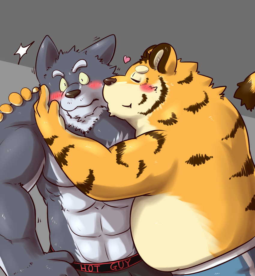 anthro barazoku belly blush clothing duo heart_symbol hug humanoid_hands kemono kissing male male/male muscular overweight overweight_male simple_background underwear wdh3905 canid canine canis felid mammal pantherine tiger wolf 2015 hi_res