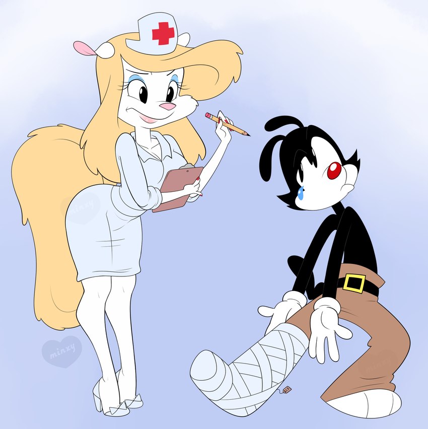 bodily_fluids cast clipboard clothing duo female footwear high_heels lipstick makeup male male/female nurse nurse_clothing nurse_uniform shoes sweat thick_thighs uniform wide_hips minxydoodle animaniacs warner_brothers minerva_mink yakko_warner ambiguous_species mammal mink mustelid musteline true_musteline hi_res