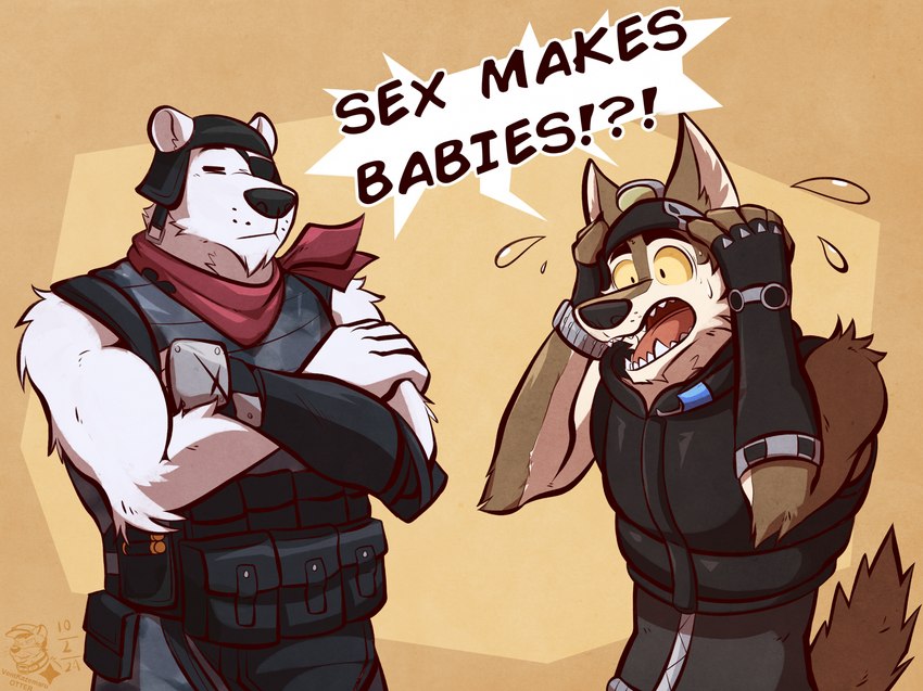 anthro armor bodily_fluids clothing dialogue duo headgear helmet humor kerchief male male/male neckerchief neckwear sweat sweatdrop text the_truth topwear vest ventkazemaru epic_games fortnite polar_patroller wendell_(fortnite) bear canid canine canis mammal polar_bear ursine wolf comic hi_res reaction_image