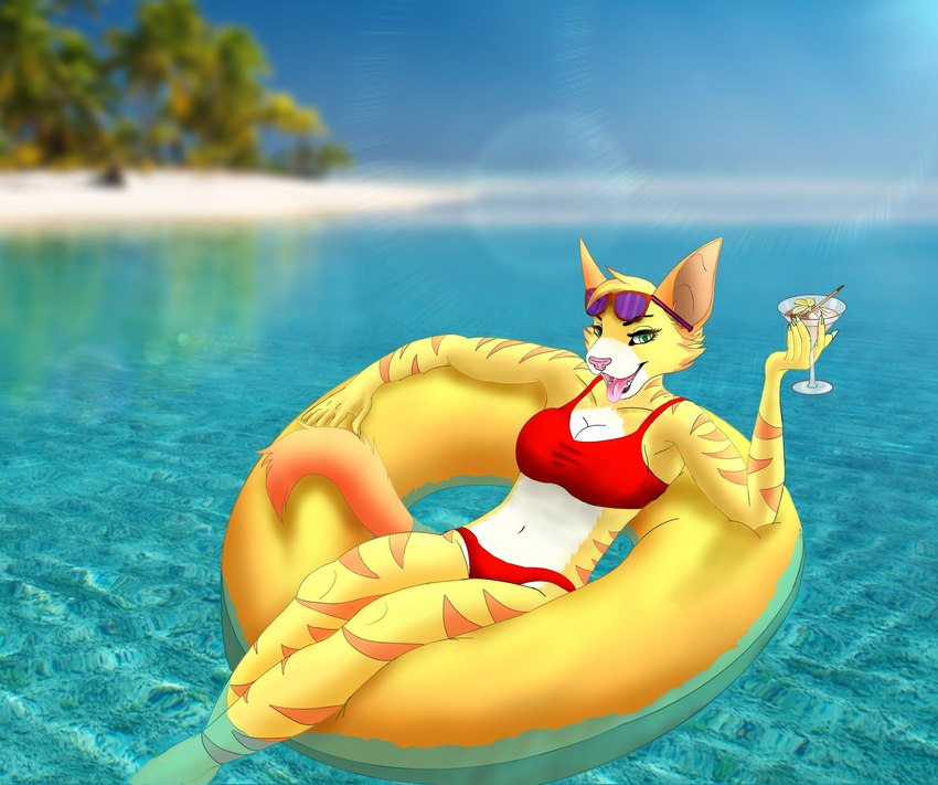 anthro beach bikini clothed clothing eyewear female glasses inflatable inflatable_ride inflatable_support inner_tube on_pool_toy on_swim_ring pool_toy sand sea seaside smile solo stripes sunny swim_ring swimwear two-piece_swimsuit water lucareelo domestic_cat felid feline felis mackerel_tabby mammal tabby_cat absurd_res hi_res shaded