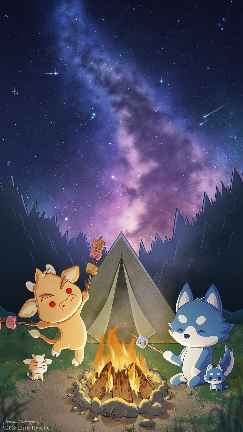 anthro bonfire camping candy chibi comet dessert fire food forest galaxy grass male marshmallow milky_way night plant purple_sky rock s'more sky solo star tent tree littlehyper pixile_studios super_animal_royale bovid bovine canid canine canis cattle mammal wolf better_version_at_source hi_res
