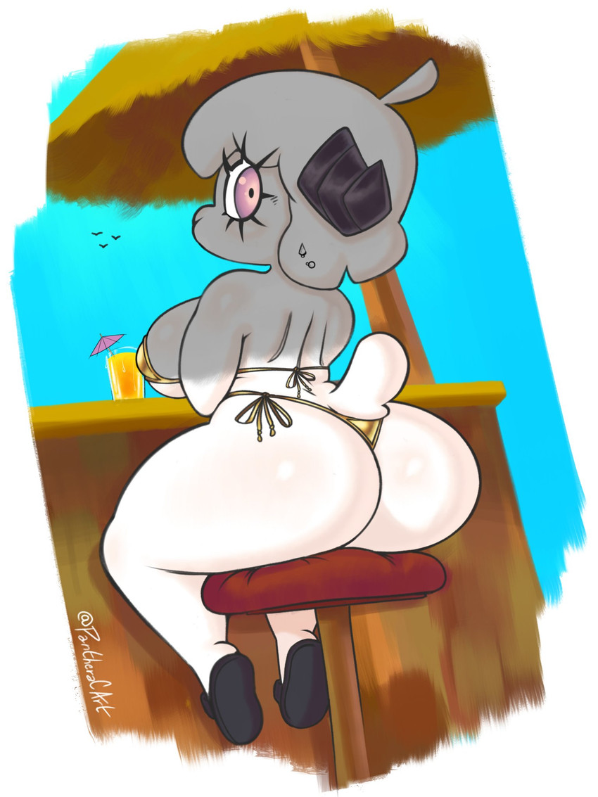 anthro beverage big_breasts big_butt bikini blush breasts butt clothing eyelashes female footwear fur furniture gold_bikini hair horn long_eyelashes looking_back piercing rear_view sandals shoes skimpy_bikini solo stool swimwear tail two-piece_swimsuit umbrella_drink white_body white_fur white_hair panthera_cantus romina_(panthera_cantus) bovid caprine goat mammal 3:4 hi_res