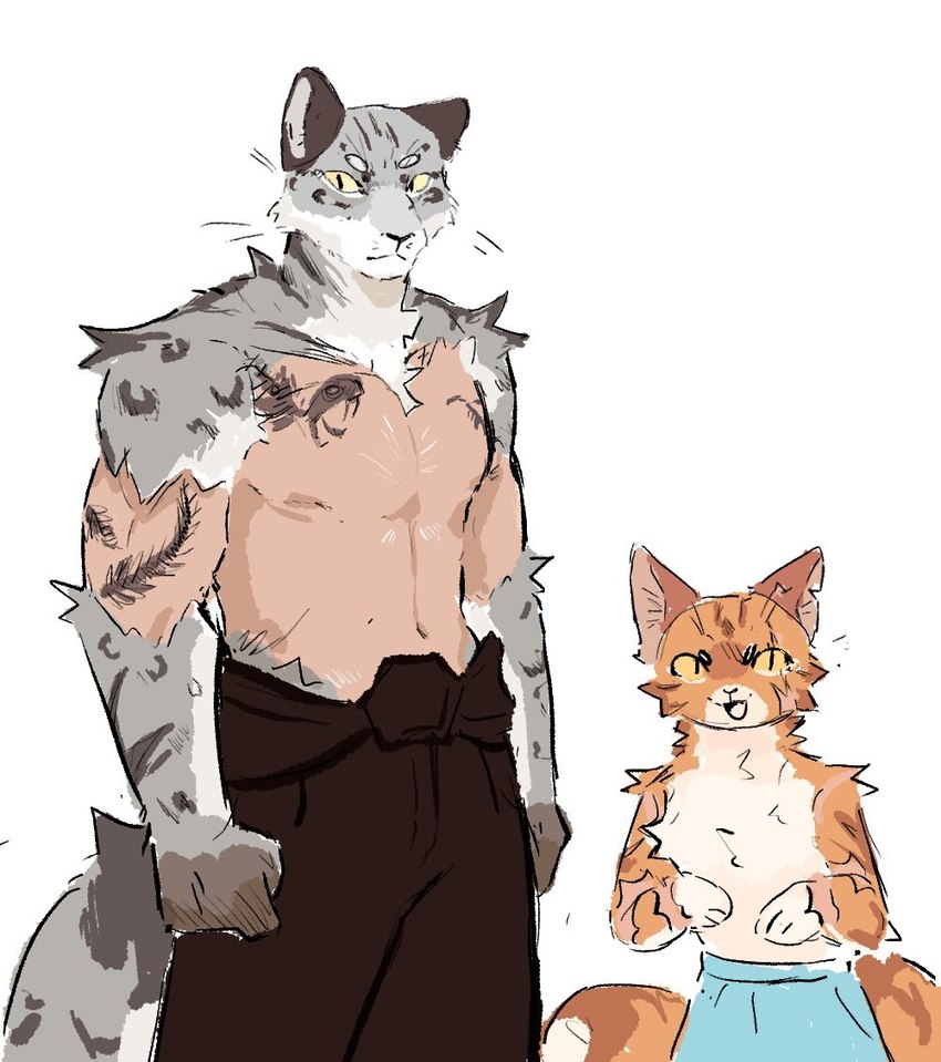 anthro biped black_eyes duo fur grey_body grey_fur male muscular muscular_anthro muscular_male orange_body orange_fur shaved_fur shirtless_anthro shirtless_male slim_anthro slim_male white_body white_fur yellow_sclera bunonthemoon domestic_cat felid feline felis mammal pantherine snow_leopard 2024