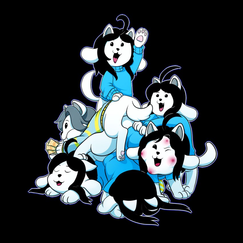 clothed clothing fur group hair hives open_mouth smile topwear white_body white_fur minji_(artist) undertale undertale_(series) bob_(undertale) temmie_(undertale) canid canine felid feline mammal tem 1:1 alpha_channel hi_res