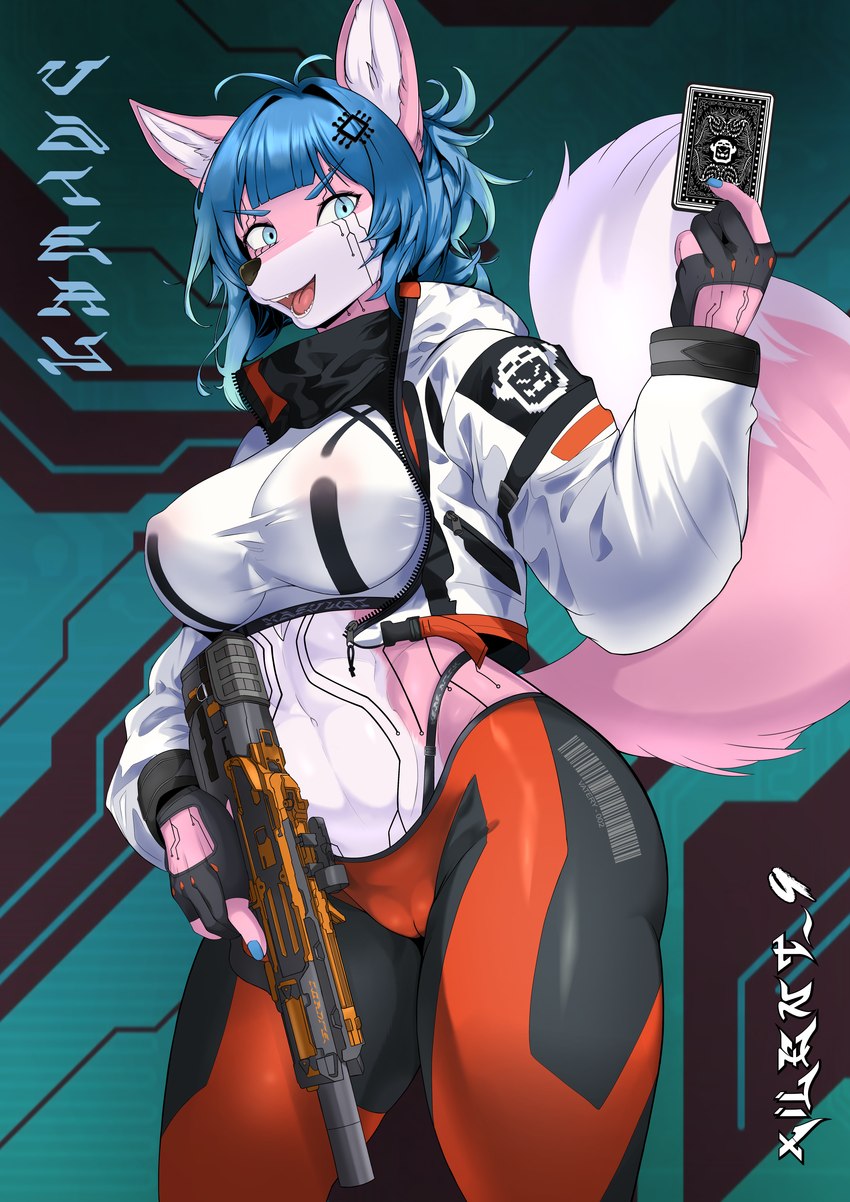 anthro breasts camel_toe female female/female nipple_outline solo vatery weapon xilent_9 canid canine fox mammal absurd_res hi_res