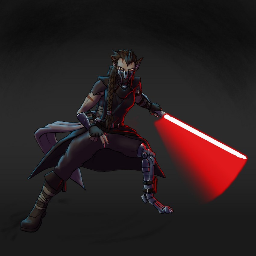 anthro braided_hair brown_body brown_fur brown_hair brown_stripes clothed clothing cybernetic_leg cybernetic_limb female fur gradient_background hair lightsaber mask melee_weapon prosthetic prosthetic_leg prosthetic_limb red_lightsaber simple_background solo stripes tan_body tan_fur weapon yellow_eyes frostwyrm102 star_wars nathys_ral cathar 1:1 hi_res