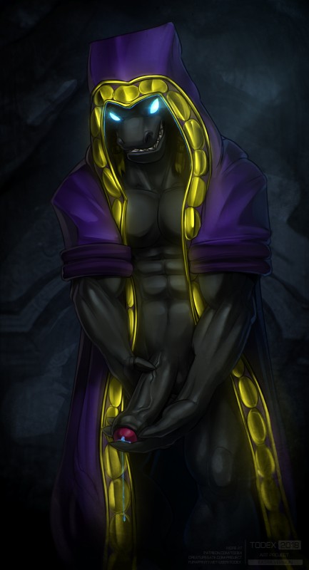 anthro black_body blue_precum bodily_fluids cloak clothing erection foreskin genital_fluids genitals glans glowing glowing_eyes grin humanoid_genitalia humanoid_penis male masturbation muscular muscular_anthro muscular_male partially_retracted_foreskin penile penile_masturbation penis precum robe sharp_teeth smile solo teeth vein veiny_penis todex dust:_an_elysian_tail sereth lizard moonblood reptile scalie 2018 absurd_res hi_res