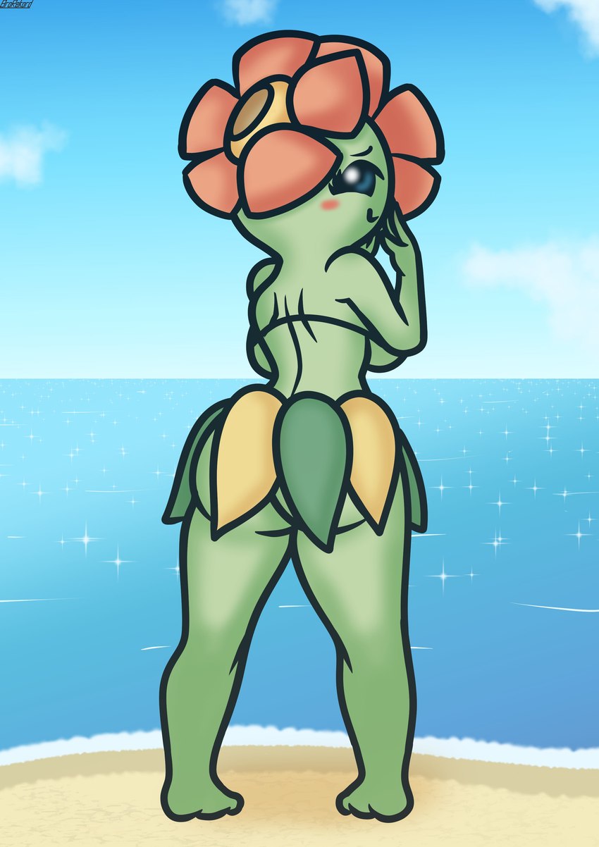 beach bikini bikini_top blush bottomless bottomwear butt clothed clothing female flower hand_on_face looking_back no_underwear plant sea seaside skirt smile solo sparkling_water standing swimwear two-piece_swimsuit water brokenrekordbro nintendo pokemon pokemon_snap_xxx bellossom elemental_creature elemental_humanoid flora_fauna generation_2_pokemon humanoid plant_humanoid pokemon_(species) absurd_res hi_res signature