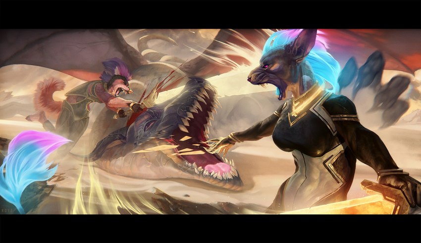 anthro attack battle desert duo fantasy female fight magic spell tail conditional_dnp latex_(artist) mythology canid canine canis domestic_cat domestic_dog dragon felid feline felis mammal mythological_creature mythological_scalie scalie wolf hi_res