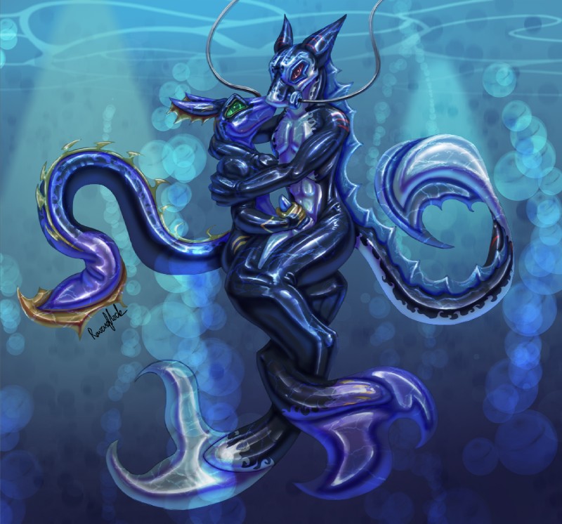 air_hose anthro duo floating gas_mask latex male mask mermaid_suit scuba underwater water ravensflock kronas xayr marine stroking_(disambiguation)