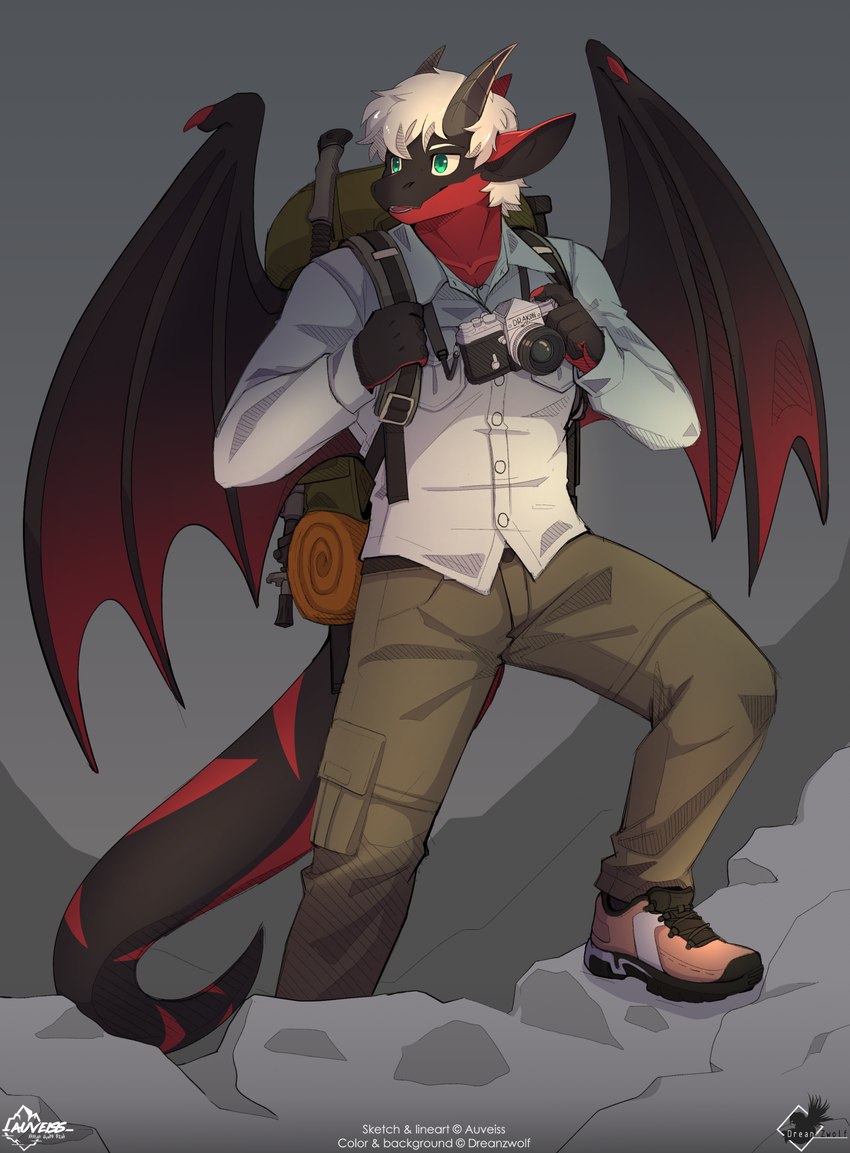 anthro backpack bag camera clothing footwear green_eyes hair hiking holding_object horn male mountain shoes sleeping_bag solo tail tools white_hair wings auveiss dreanzwolf mythology dragon mythological_creature mythological_scalie scalie digital_media_(artwork) hi_res