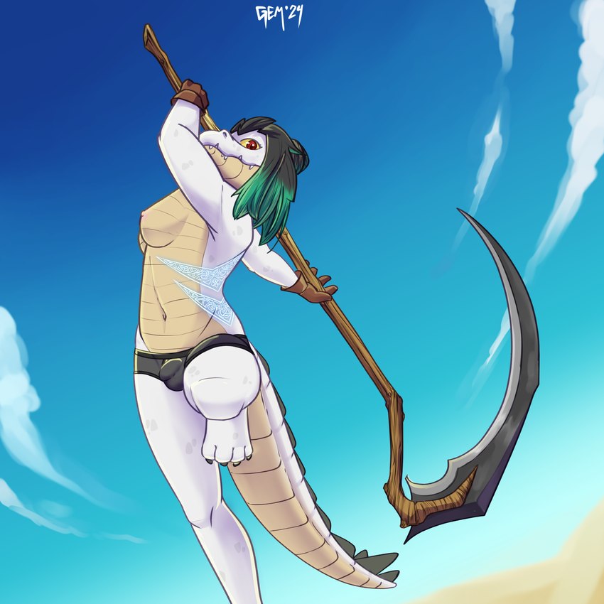 attack breasts bulge clothed clothing gynomorph intersex melee_weapon polearm pose scythe solo swimwear tattoo topless weapon gemerency alligator alligatorid crocodilian reptile scalie 1:1 2024 digital_media_(artwork) hi_res trans_(lore)