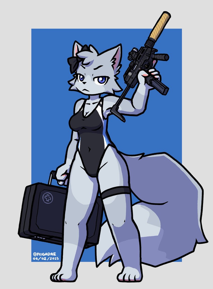 anthro breasts clothing female gun one-piece_swimsuit ranged_weapon simple_background solo standing submachine_gun suitcase swimwear weapon frigadae domestic_cat felid feline felis mammal hi_res