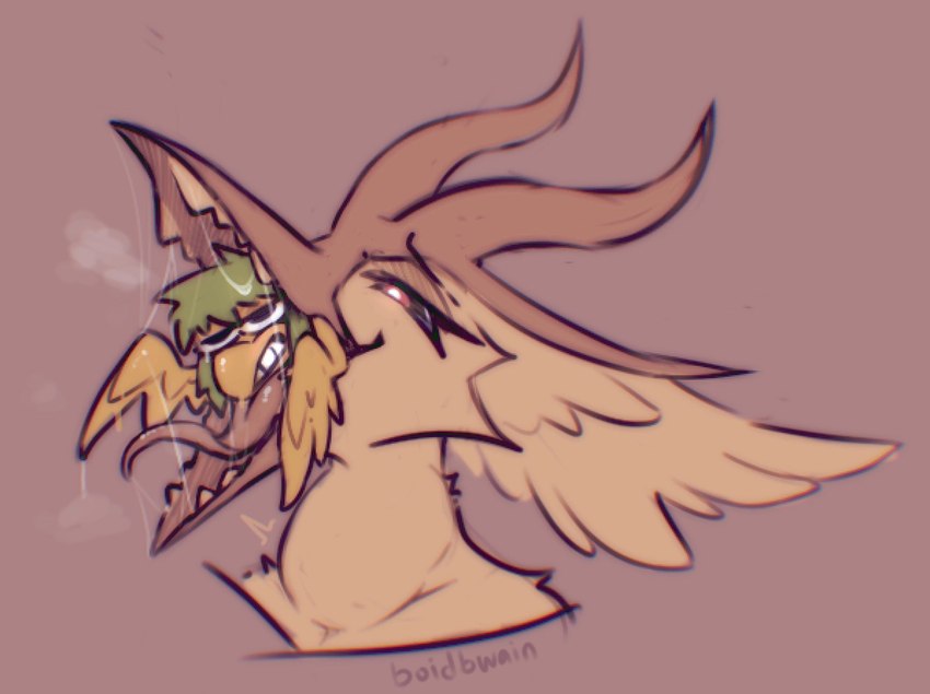 anthro bird_with_teeth bodily_fluids duo female female/female oral_vore saliva saliva_on_tongue saliva_string vore boidbwain duke_(ratbrain17) ophelia_(boidbwain) anatid angel anseriform avian bird duck hybrid hi_res