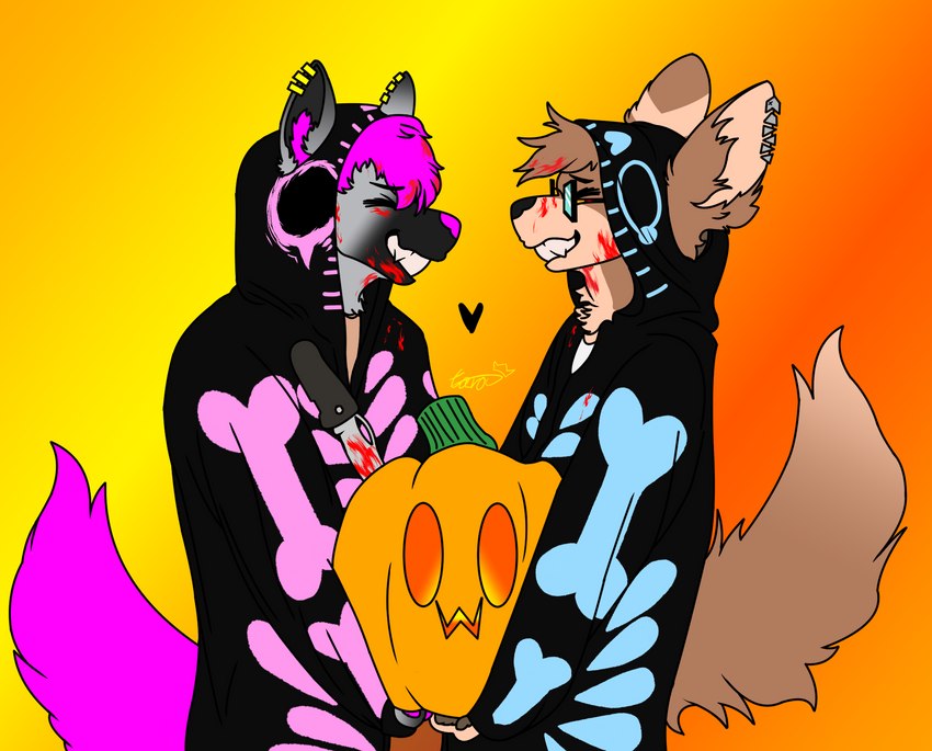 anthro blood blood_on_face bodily_fluids duo holidays jack-o'-lantern male male/male tarou_reggi halloween tobi_hyena canid canine hyena mammal hi_res