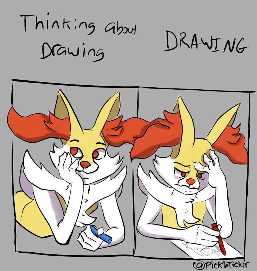 ambiguous_gender anthro crayon drawing drawing_(object) fur inner_ear_fluff lying on_front orange_eyes paper relatable relaxed_expression simple_background solo stressed text tuft white_body white_fur yellow_body pickleticklr nintendo pokemon braixen canid canine fox generation_6_pokemon mammal pokemon_(species) english_text meme