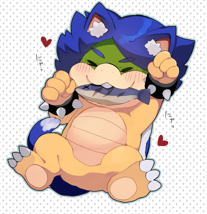 anthro blue_hair blush bracelet eating hair heart_symbol jewelry male paw_pose pose shell solo spiked_bracelet spikes zeso mario_bros nintendo koopaling ludwig_von_koopa fish koopa marine scalie absurd_res hi_res