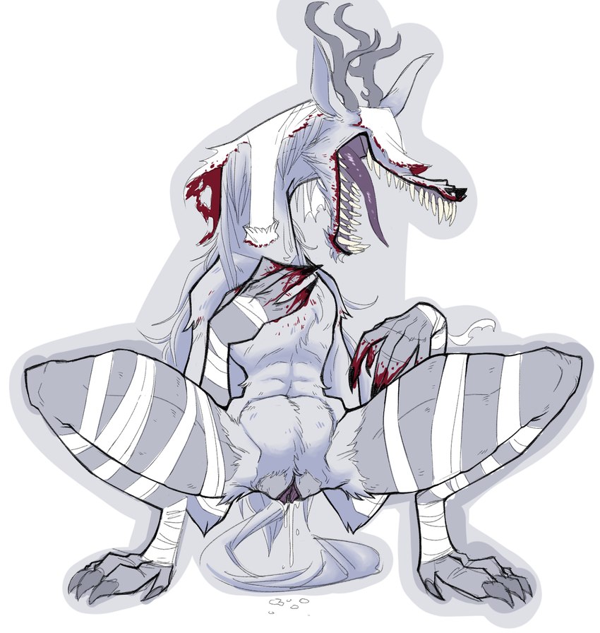 anthro antlers bandage black_nose blood blood_on_claws blood_on_hand bodily_fluids chest_tuft claws covered_eyes crouching digitigrade dripping featureless_chest female flat_chested front_view fur genital_fluids grey_antlers grey_body grey_claws grey_fur grey_horn hand_on_chest horn long_neck long_tongue navel nude open_mouth pussy_juice_drip sharp_teeth simple_background solo spread_legs spreading teeth thick_thighs tongue tongue_out tuft vaginal_fluids white_background wide_hips coolstylefag bloodborne fromsoftware sony_corporation sony_interactive_entertainment vicar_amelia beast_(bloodborne) canid canine canis mammal wolf hi_res