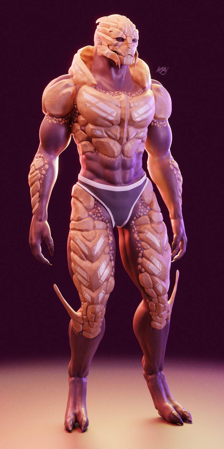 abs bodypaint claws clothed clothing face_paint looking_at_viewer male muscular muscular_male solo standing teeth underwear underwear_only kagekave bioware electronic_arts mass_effect verros alien turian 1:2 3d_(artwork) digital_media_(artwork) hi_res watermark