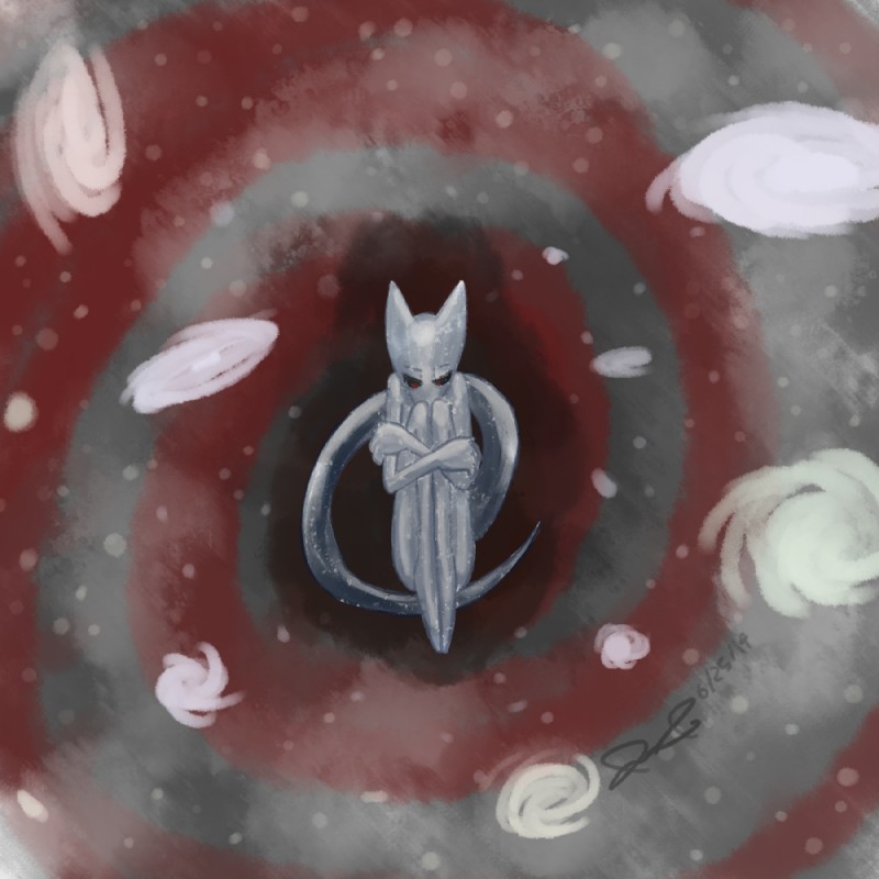 black_sclera curled_up fetal_pose floating long_tail looking_down male nothingness pensive red_eyes solo tail white_body white_skin mister-saturn earthbound_(series) mother:_cognitive_dissonance nintendo giygas alien gieeg 1:1 2014 official_art