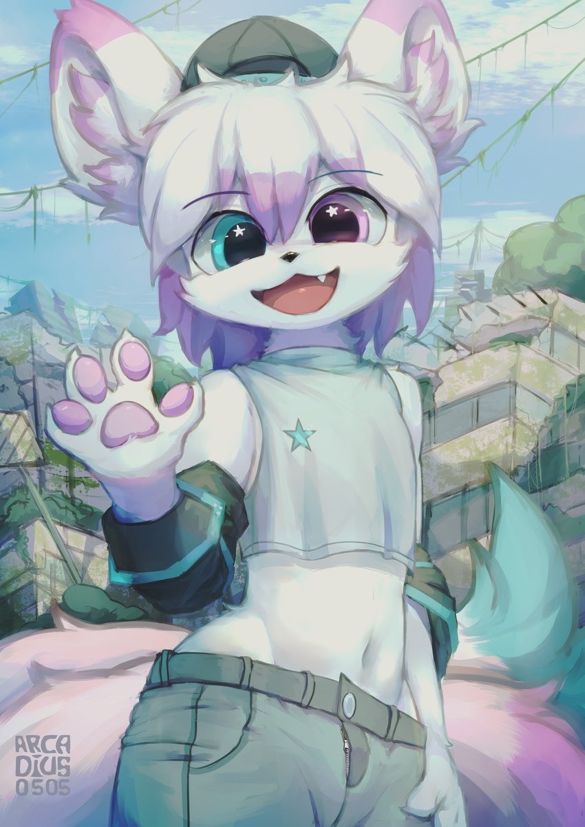 4_fingers 4_tails anthro backwards_baseball_cap backwards_hat baseball_cap black_nose blue_eyebrows blue_eyes blue_tail bottomwear clothed clothing crop_top cute_fangs dipstick_ears ear_markings eyebrows fangs femboy fingers fur hair hand_on_hip hat headgear headwear heterochromia inner_ear_fluff kemono male multi_tail multicolored_ears multicolored_hair multicolored_tail navel open_mouth pants pawpads pink_ears pink_eyebrows pink_eyes pink_hair pink_inner_ear_fluff pink_pawpads pink_tail shirt shorts solo star tail teeth topwear triangle_nose tuft v-cut white_body white_ears white_fur white_hair white_inner_ear white_inner_ear_fluff white_tail young young_anthro arcadius0505 canid canine fox mammal 2021 digital_media_(artwork) digital_painting_(artwork) hi_res watermark