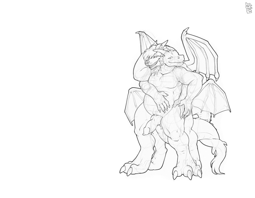 anthro belly claws corruption duo erection fur genitals hair horn knot male male/male merging nude penis sex simple_background tail tail_tuft transformation tuft wings mot mythology ceanoth salatranir canid canine dragon hybrid mammal mythological_creature mythological_scalie scalie absurd_res digital_drawing_(artwork) digital_media_(artwork) hi_res monochrome