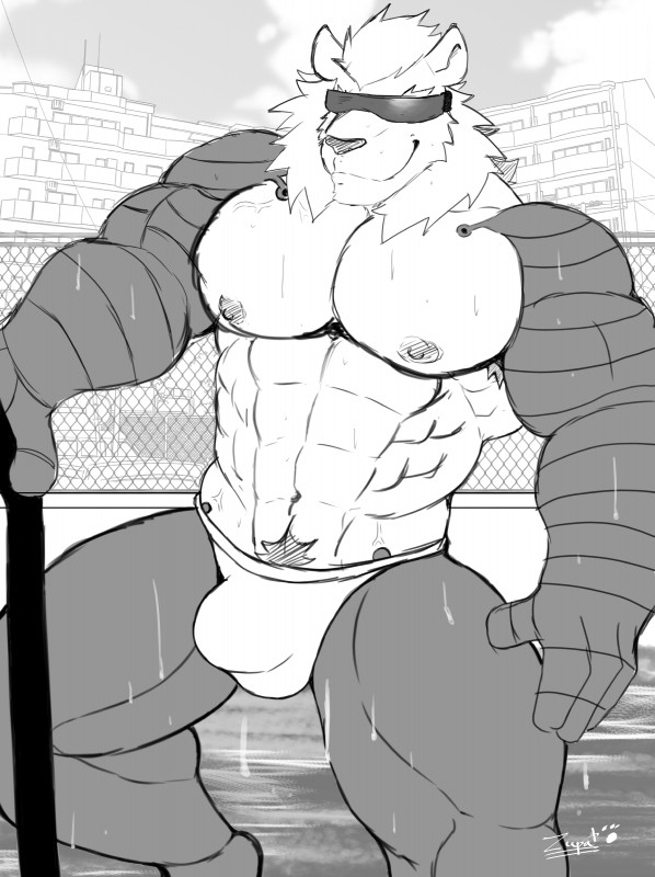 barazoku bulge clothing cybernetics hair machine male metal muscular muscular_male nipples pecs smile solo underwear visor wet zupat owlflame cyborg felid lion mammal pantherine absurd_res hi_res monochrome