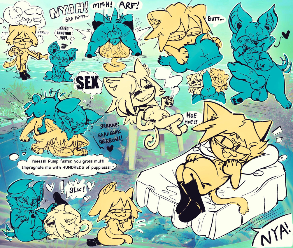 abstract_background barking bed bestiality boots boots_only cat_tail chibi cigarette clothing doggystyle female female_humanoid feral footwear footwear_only from_behind_position from_front_position furniture group heart_reaction humanoid_on_feral lying lying_on_bed male male/female male_feral mating_press mostly_nude nude on_bed oral pregnant pregnant_female pregnant_humanoid sex shoes short_tail small_tail smoking smoking_cigarette speech_bubble tail text thought_bubble trio salamikii jojo's_bizarre_adventure stardust_crusaders tsukihime type-moon iggy_(jjba) neco-arc animal_humanoid boston_terrier canid canine canis cat_humanoid domestic_dog felid felid_humanoid feline feline_humanoid humanoid hunting_dog mammal mammal_humanoid molosser small_molosser terrier toy_dog english_text hi_res