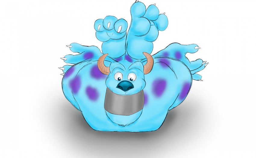 anthro bdsm blue_body blue_eyes blue_nose bound claws eyebrows feet fur gag horn male markings solo spots spotted_body spotted_fur tape tape_gag omeggaomelette disney monsters_inc pixar sulley monster 2024 digital_drawing_(artwork) digital_media_(artwork) hi_res